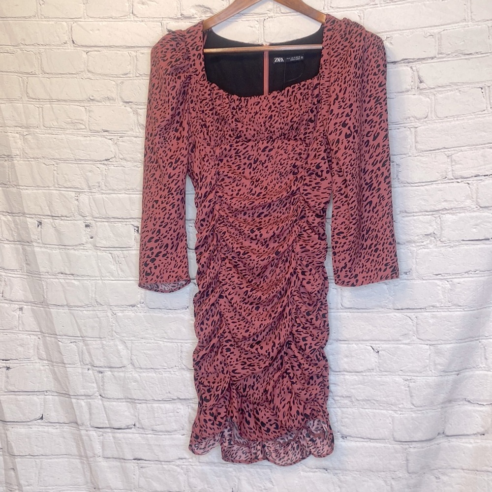 Zara Rust Black Cheetah Print Long Sleeve Dress Size Small Brand New